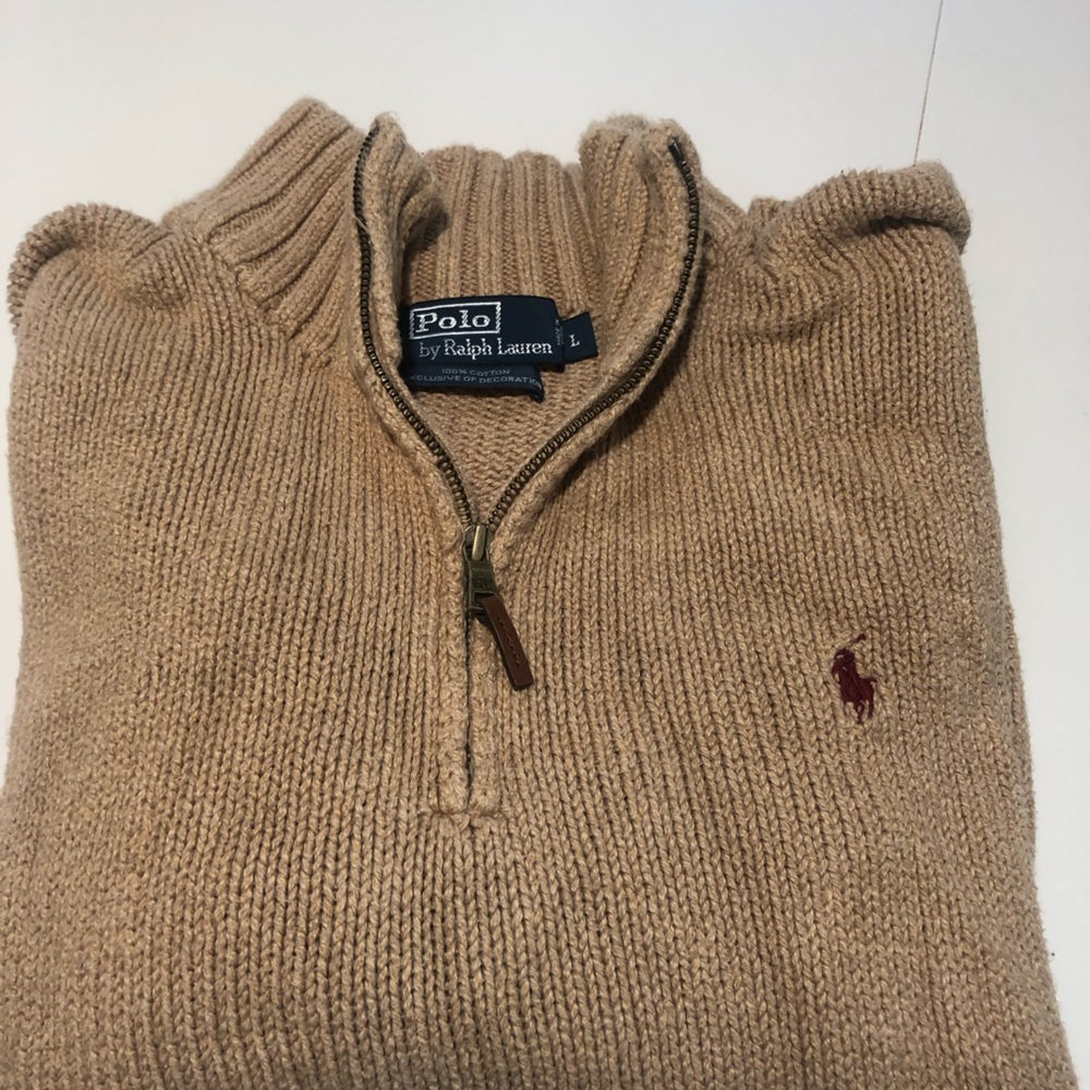 Men’s quarter zip knit Polo sweater.